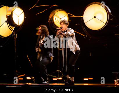 Liverpool, Regno Unito. 8 maggio 2023. Sudden Lights prova per la Lettonia con la canzone Aija, all'arena di Liverpool Foto Stock