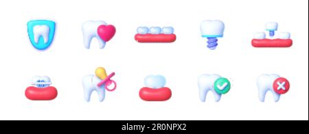 Icone odontoiatria 3D, grande design per qualsiasi scopo. Odontoiatria ortodontica. Concetto di medicina sanitaria. Sfondo bianco. Design vettoriale 3D realistico. Illustrazione Vettoriale