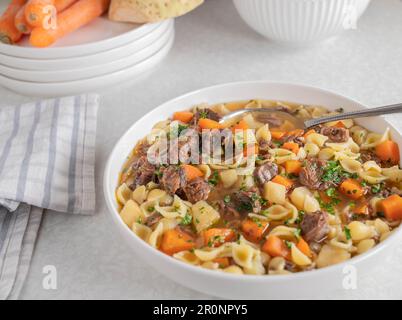 Zuppa di tagliatelle con carne e verdure su un piatto Foto Stock