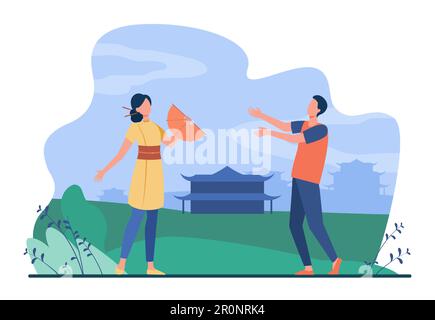 Viaggiatore maschio che parla con ragazza asiatica in abiti tradizionali Illustrazione Vettoriale