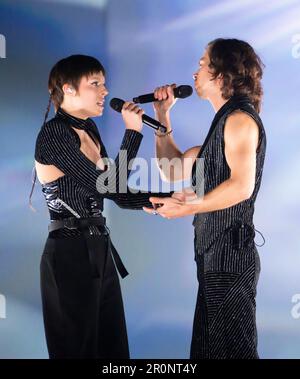 Liverpool, Regno Unito. 8 maggio 2023. Mia Nicolai e Dion Cooper provano per i Paesi Bassi con la canzone Burning Daylight, all'arena di Liverpool Foto Stock