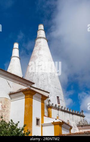 Vista verticale degli iconici camini conici della residenza reale medievale Palazzo di Sintra o Palazzo Comunale di Sintra, Portogallo Foto Stock