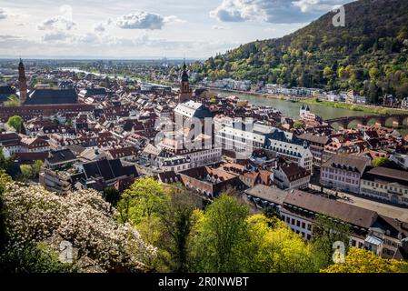 Vista della città vecchia e della guglia della Chiesa dello Spirito Santo dal castello 'balcone', Heidelberg, Germania Foto Stock