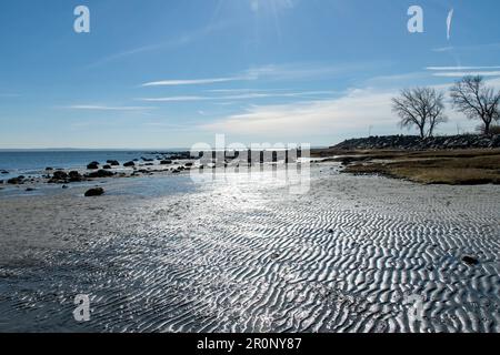 Vista della spiaggia con bassa marea e basso angolo con piscine di marea e sabbia ondulata a Greenwich Point, Greenwich, CT, USA con sole luminoso nel cielo blu che dà raggi solari Foto Stock