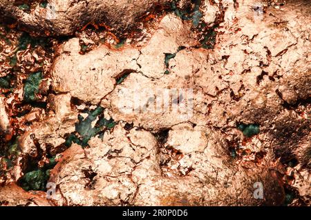 Nocciolo di rame nativo (Cu). sfondo texture dettaglio macro. primo piano gemma grezza non lucidata semi-preziosa Foto Stock