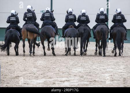 Rebecq, Belgio. 09th maggio, 2023. La figura mostra la Royal Escort belga martedì 09 maggio 2023 a Rebecq. L'Escort reale belga è un'unità a cavallo della polizia federale che accompagna il re da quasi 85 anni durante varie cerimonie ufficiali e le visite ufficiali dei capi di stato stranieri. FOTO DI BELGA NICOLAS MAETERLINCK Credit: Belga News Agency/Alamy Live News Foto Stock