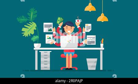 Area di lavoro di Professional Working Developer, Programmer, System Administrator o Designer con scrivania, sedia, notebook progetto aziendale o conce di avvio Illustrazione Vettoriale