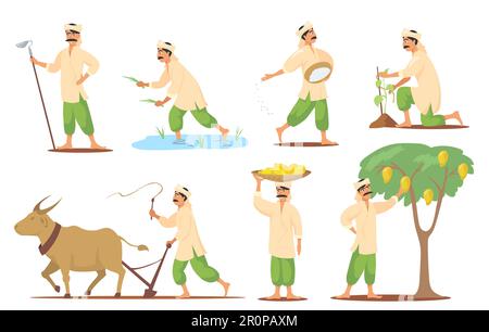 Felice agricoltore indiano in pose diverse piatto set per il web design Illustrazione Vettoriale