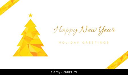 Modello vettoriale biglietto di auguri per il nuovo anno felice. Albero di Natale Poly arte silhouette con calligrafia Illustrazione Vettoriale