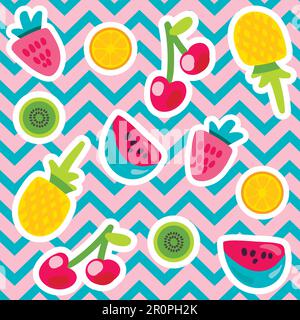 Modelli di frutti estivi vettoriali in stile cartoon. Frutta e frutti di bosco. Dolce sfondo Illustrazione Vettoriale