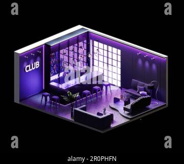 Camera in stile night club con vista isometrica, aperta all'interno dell'architettura interna, 3D ore su 24, 7 giorni su 7, con arte digitale Foto Stock