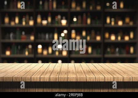 Bar caffetteria con tavola di legno vuota con sfondo a bulbo 3D rendering Foto Stock