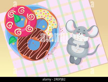 Simpatico piccolo mouse rilassante dopo aver mangiato ciambella illustrazione Illustrazione Vettoriale
