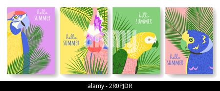 Collezione di astratto ciao sfondo estivo con pappagalli foglie di palma in colori luminosi. Set di poster tropicali disegnati a mano. Macaw cockatoo pappagallo card in vendita, social media. Illustrazione vettoriale. Illustrazione Vettoriale