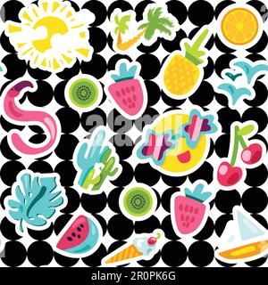 Modello vettoriale senza giunture estivo. Frutta, sole, bacche. Sfondo delle vacanze con adesivi disegnati a mano Illustrazione Vettoriale