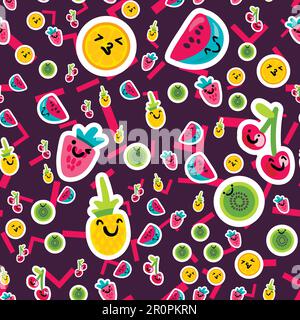 Modelli di frutti estivi vettoriali in stile cartoon. Frutta e frutti di bosco. Dolce sfondo Illustrazione Vettoriale
