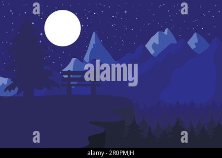 Panchina parco nella foresta di conifere notte. Paesaggio e panorama all'aperto. Vettore Illustrazione Vettoriale