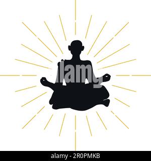 Logo retrò con silhouette eremita. Segno monaco e logotipo vintage. Icona meditazione. Simbolo dello yoga. Vettore Illustrazione Vettoriale