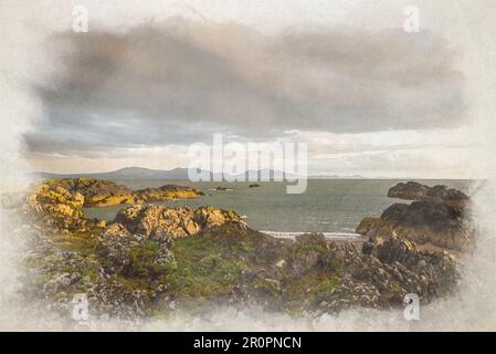 Un dipinto digitale ad acquerello di una vista della penisola di llyn da Ynys Llanddwyn, Ynys Mon, Cymru, al tramonto. Foto Stock