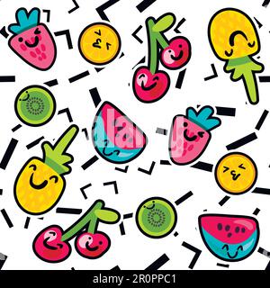 Modelli di frutti estivi vettoriali in stile cartoon. Frutta e frutti di bosco. Dolce sfondo Illustrazione Vettoriale