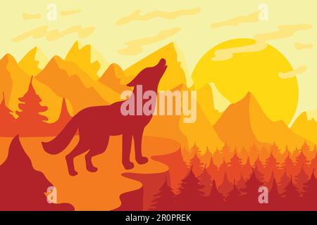 Urlando al lupo selvaggio della luna all'alba o al tramonto nella foresta di montagna. Paesaggio naturale con alberi di conifere e rocce. Paesaggio con terra selvaggia Illustrazione Vettoriale