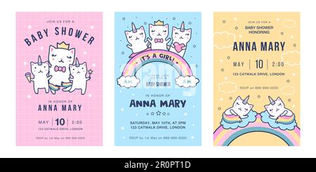 Biglietti d'invito con caticorns set Illustrazione Vettoriale