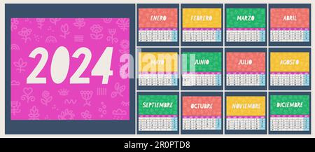 Calendario per il 2024 in spagnolo. La settimana inizia il lunedì. Copertina di ogni mese con fondo piatto floreale. Illustrazione Vettoriale