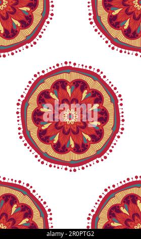 Modello Ethnic Boho senza cuciture per la stampa e lo sfondo. Ornamento popolare indiano con sole floreale. Sfondo bohémien. Vettore Illustrazione Vettoriale