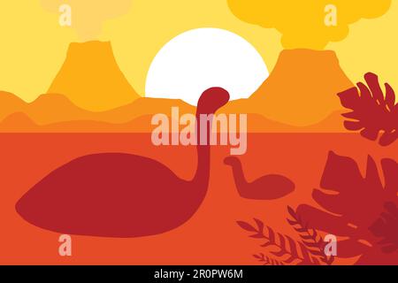 Età dei dinosauri in silhouette. Il paesaggio naturale con i vulcani e il mare. Riva tropicale dell'oceano. Era Mesozoica. Colori gialli. Tramonto o su Illustrazione Vettoriale