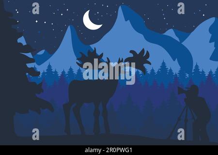 Fotografi cervi in natura. Foresta e Montagne Wildlife Panorama. Scena notturna naturale con luna. Videografo in viaggio. Vettore Illustrazione Vettoriale