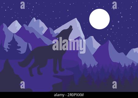 Wild Wolf Howling sulla collina vicino alla foresta e le montagne. Paesaggio serale all'aperto e panorama con luna. Vettore Illustrazione Vettoriale