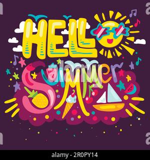 Ciao concetto estivo con frutta, gelato, Flamingos, Yacht e Sole. Vettore Illustrazione Vettoriale