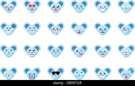 Set di emoticon vettoriali piatte per la faccia del mouse. Confezione di adesivi emoji per espressioni facciali positive e negative per ratti Illustrazione Vettoriale