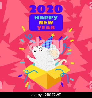 Divertente mouse piatto biglietto d'auguri modello. Natale ratto in confezione regalo cartolina. Simbolo dell'anno 2020 Illustrazione Vettoriale