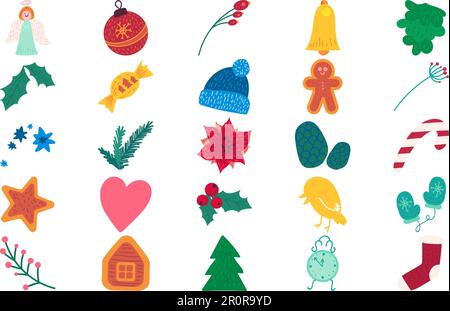 Set di illustrazioni vettoriali piatte di elementi del calendario dell'avvento di Natale. Simboli e decorazioni di nuovo anno Illustrazione Vettoriale