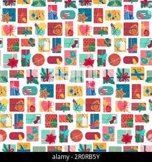 Il nuovo anno presenta i riquadri verticali modello senza giunture. Sfondo regalo di Natale. Carta da parati xmas Illustrazione Vettoriale