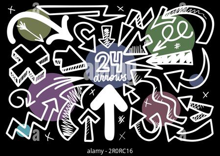 Set di illustrazioni vettoriali con frecce disegnate a mano. Raccolta puntatori isolato su bianco. Pacchetto icone lineari Illustrazione Vettoriale