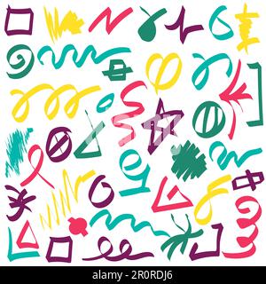 Funny Doodle figure multicolore modello di elemento. Design universale moderno e alla moda con inchiostri Scribble, originali e originali. Per l'imballaggio Illustrazione Vettoriale