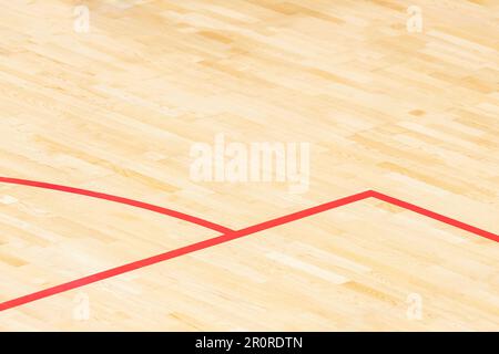 Basket parquet, badminton, futsal, pallamano, pallavolo, calcio, campo da calcio. Pavimento in legno della sala sportiva con linea rossa e verde Foto Stock