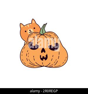 Disegno di una zucca divertente con un gatto rosso Illustrazione Vettoriale