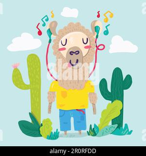 Felice lama in auricolari disegnati a mano personaggio cartone animato. Alpaca di Hippster con cactus piatto colore clipart Illustrazione Vettoriale