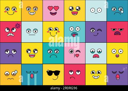 Emoticon, simpatico sorriso viso set. Emotoji, pacchetto di adesivi cartoni animati sui social media. Espressione emotiva Illustrazione Vettoriale
