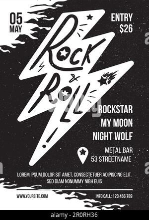 Rock and Roll Black White Vector Banner Design per Concerto musicale. Poster Lightning retro Print per musicista. Modello di opuscolo pubblicitario a mezzo stampa con T Illustrazione Vettoriale