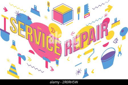 Design banner concetto parola riparazione assistenza. Illustrazione della vista prospettica dell'officina per la manutenzione Illustrazione Vettoriale