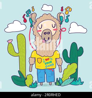 Llama in auricolari flat personaggio cartone animato. Lettere stilizzate. Lama Hippster, disegno di contorno cactus Illustrazione Vettoriale