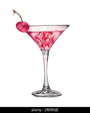acquerello cocktail rossi disegnati a mano isolati su sfondo bianco. Bevanda alcolica estiva di Cherry daiquiri. Foto Stock
