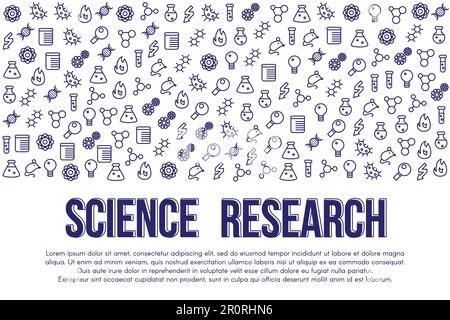 Modello vettoriale per banner di ricerca scientifica. Poster di studio, test di laboratorio, analisi con icone lineari Illustrazione Vettoriale