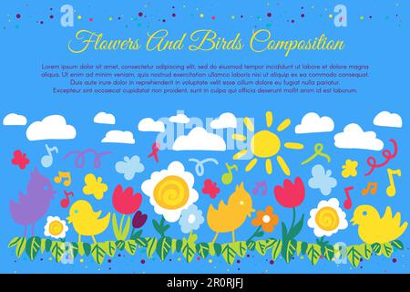Striscione piatto di uccelli e fiori con copyspace. Poster primaverile, composizione di pollo e fiori Illustrazione Vettoriale