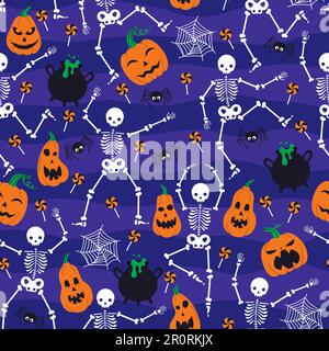 Modello vettoriale con scheletri, zucche e ragni per Halloween. Illustrazione Vettoriale