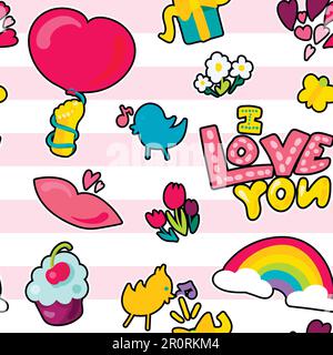 Amate il pattern vettoriale senza cuciture. Struttura di San Valentino. Disegni romantici su sfondo a righe Illustrazione Vettoriale